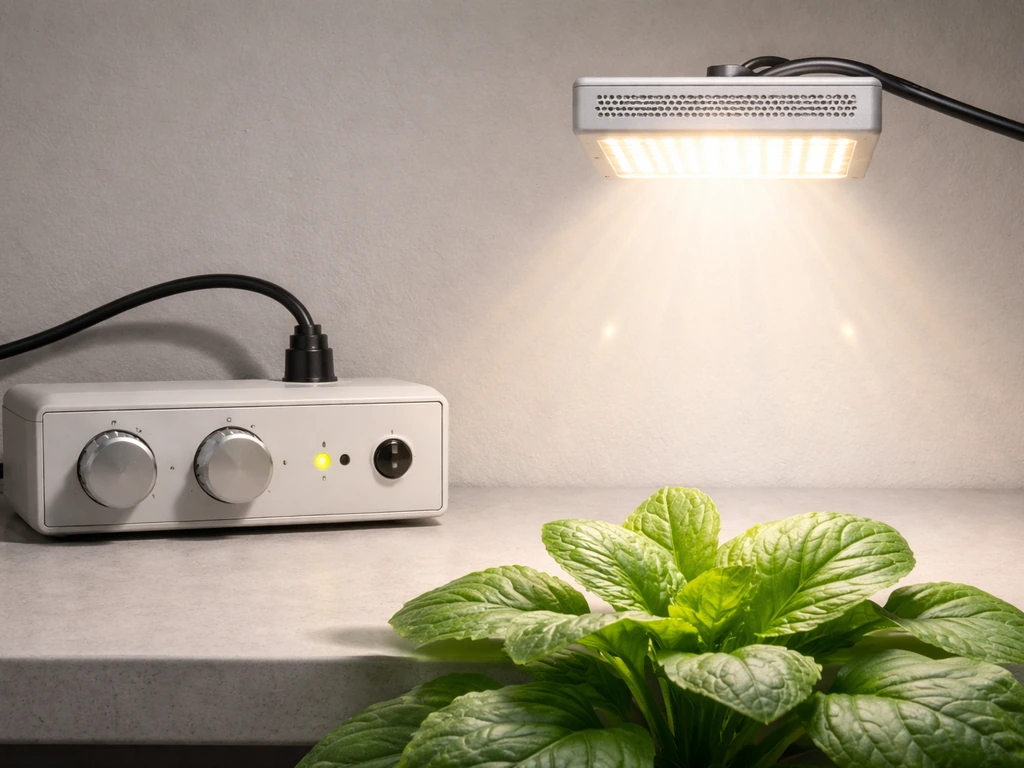 Control box beside a white LED grow head, glowing full-spectrum light over a single leafy plant.