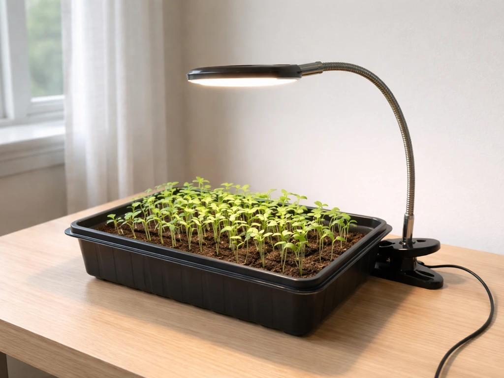 Grow light clipped to a pot rim, gooseneck bent to hover 4–5 inches above seedlings indoors.