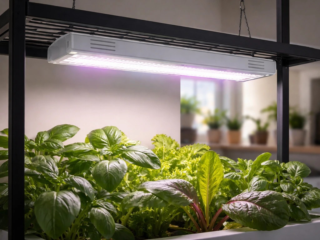 Mother PlantSpectrum grow light mounted in an indoor smart garden above leafy plants