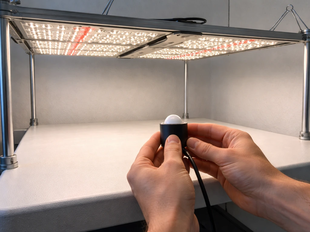 Grow light mounted overhead with a quantum PAR/PPFD sensor probe held in frame for measurement.