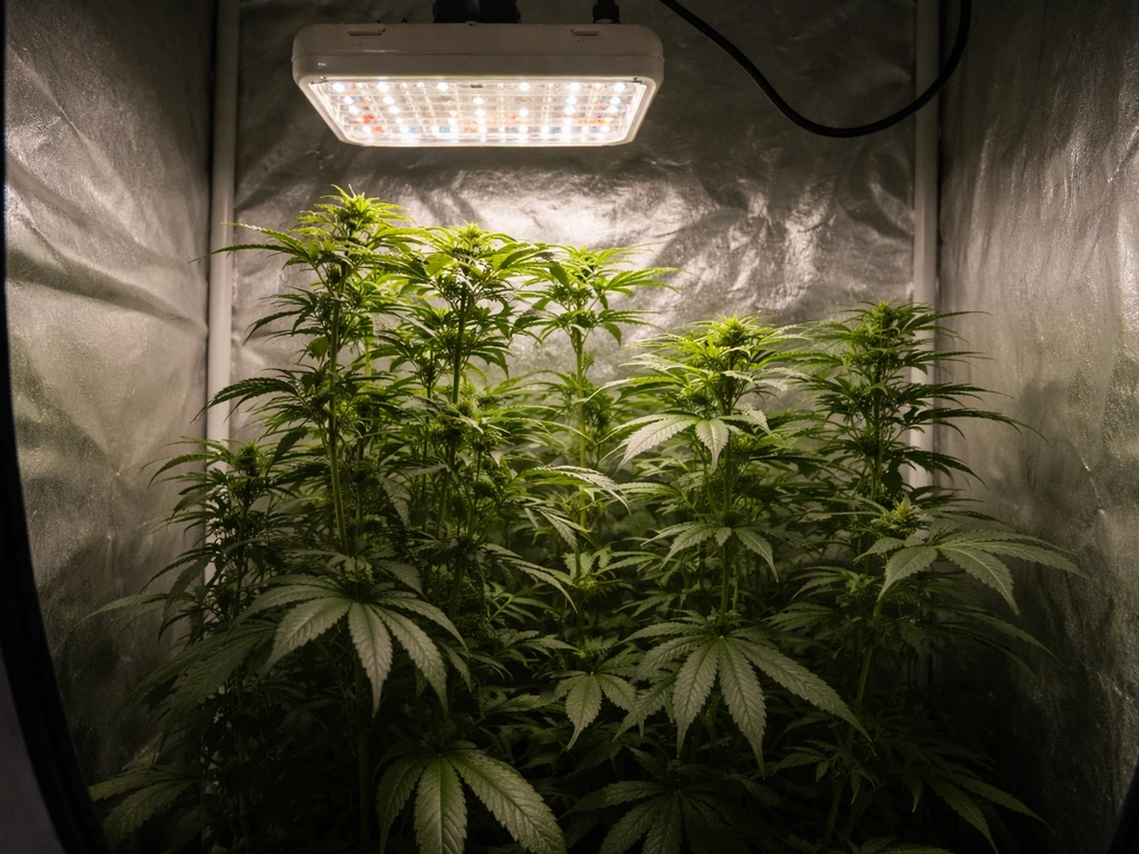 Compact LED too low over a leggy plant canopy, uneven light and shadows suggesting poor coverage.