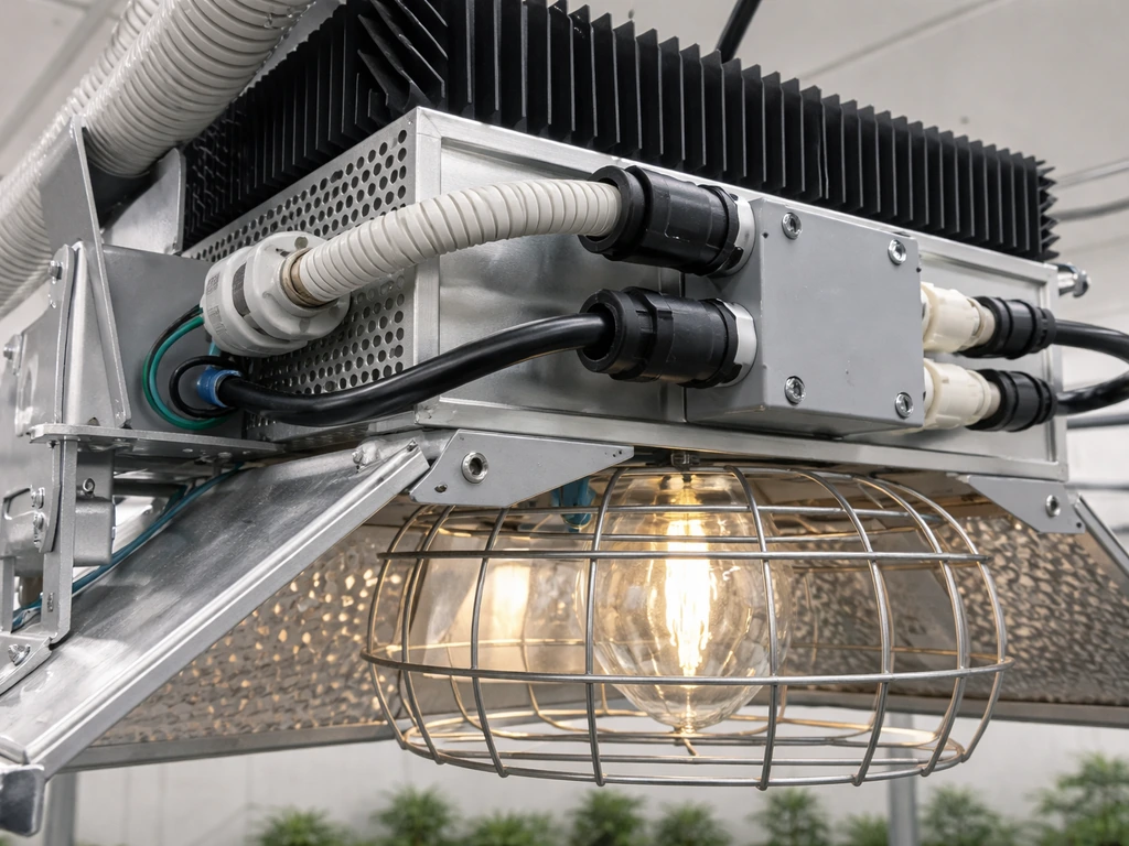 Close-up of properly wired horticulture lighting fixture with heat-rated mounts and airflow for safe operation