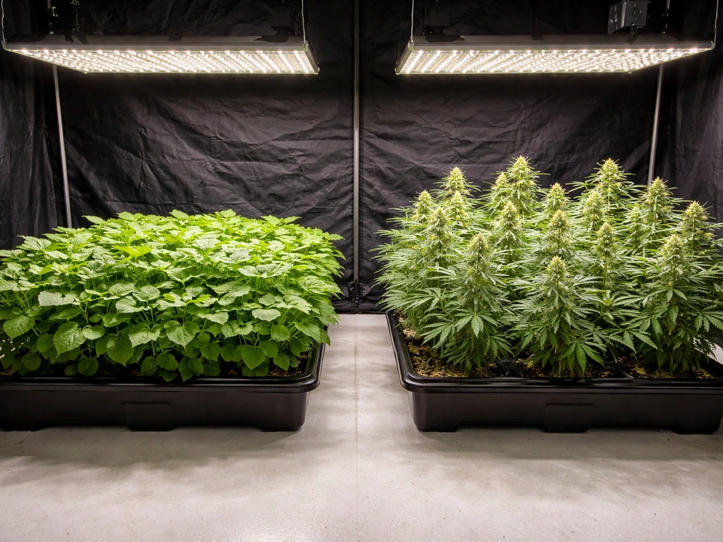 Two indoor grow trays: lush leafy vegetative canopy on the left, flowering/fruiting canopy with buds on the right.