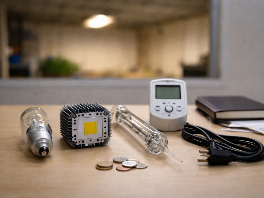 Minimal workbench with anonymous light fixtures, coins, and an electricity meter to symbolize cost vs value