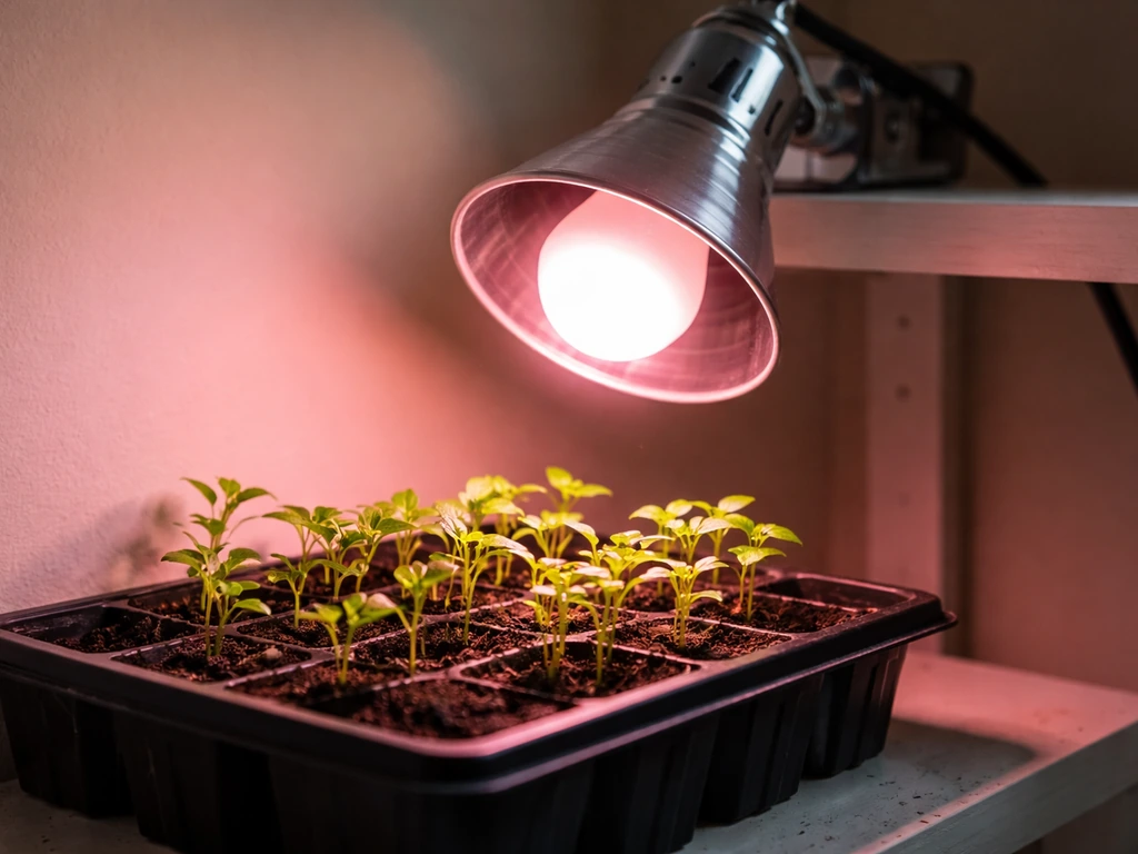 FEIT A19 grow light bulb glowing above an E26 clamp over a small herb seedling tray