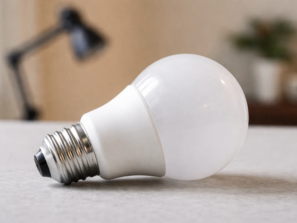 Close-up of a FEIT-style A19 grow LED bulb with E26 base on a clean desk