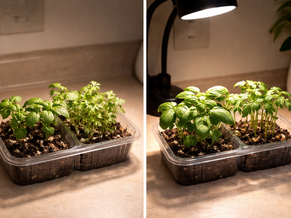 Side-by-side herb tray seedlings under dim vs bright bulb light, showing compact growth and fuller leaves