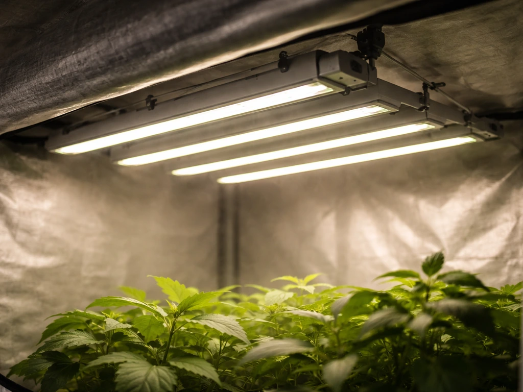Farmlite bar-style grow light glowing above a small grow tent canopy in a home gardening setup.