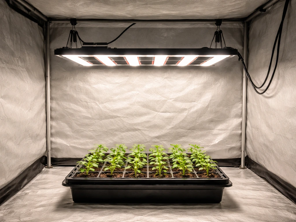 Bar-style LED grow light hanging over a small indoor grow tent with lush seedlings in a compact setup.
