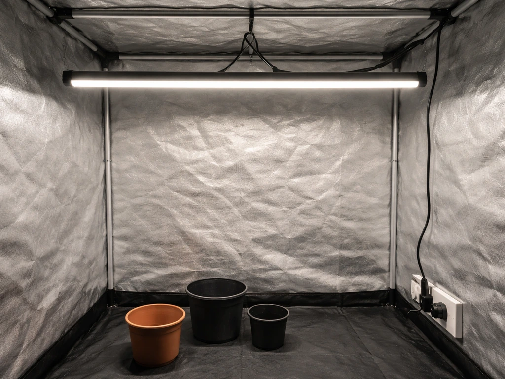 Top-down view of an indoor grow tent with a linear LED bar centered and dimmer cable laid out