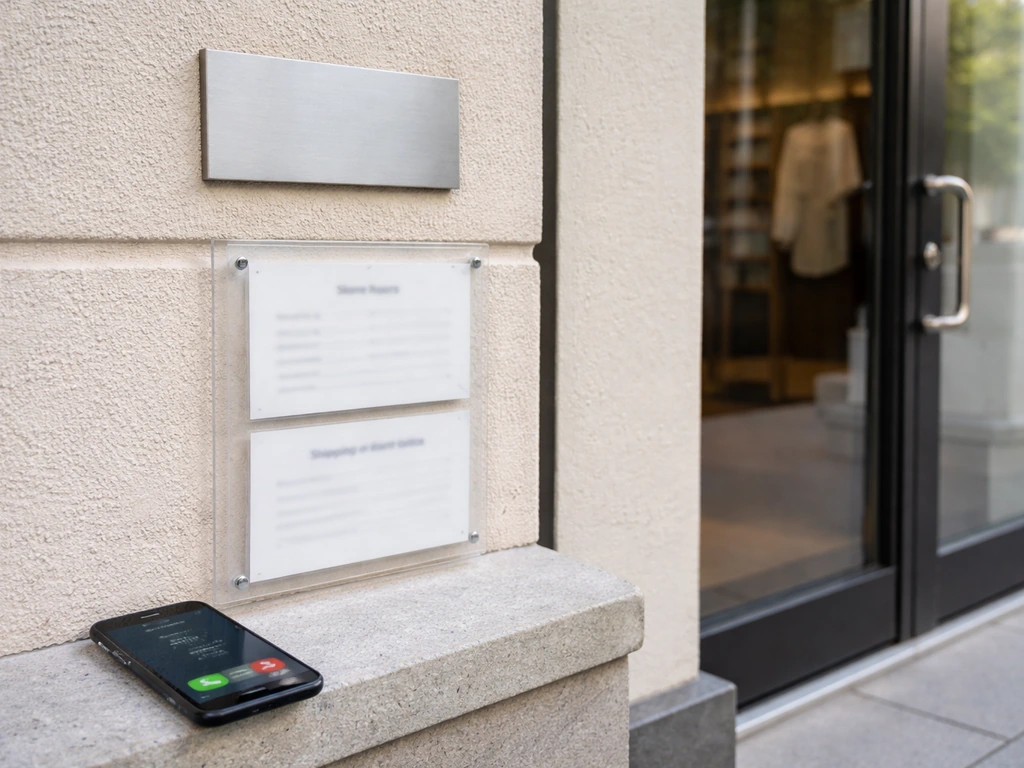 Street-level storefront with address plaque and blurred contact/hours papers, plus a phone showing an unread call screen