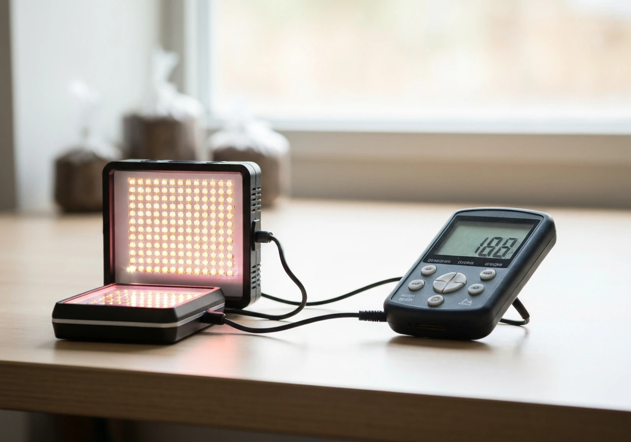 Close-up of a grow light fixture on a desk beside a power meter, showing lighting efficiency concept.