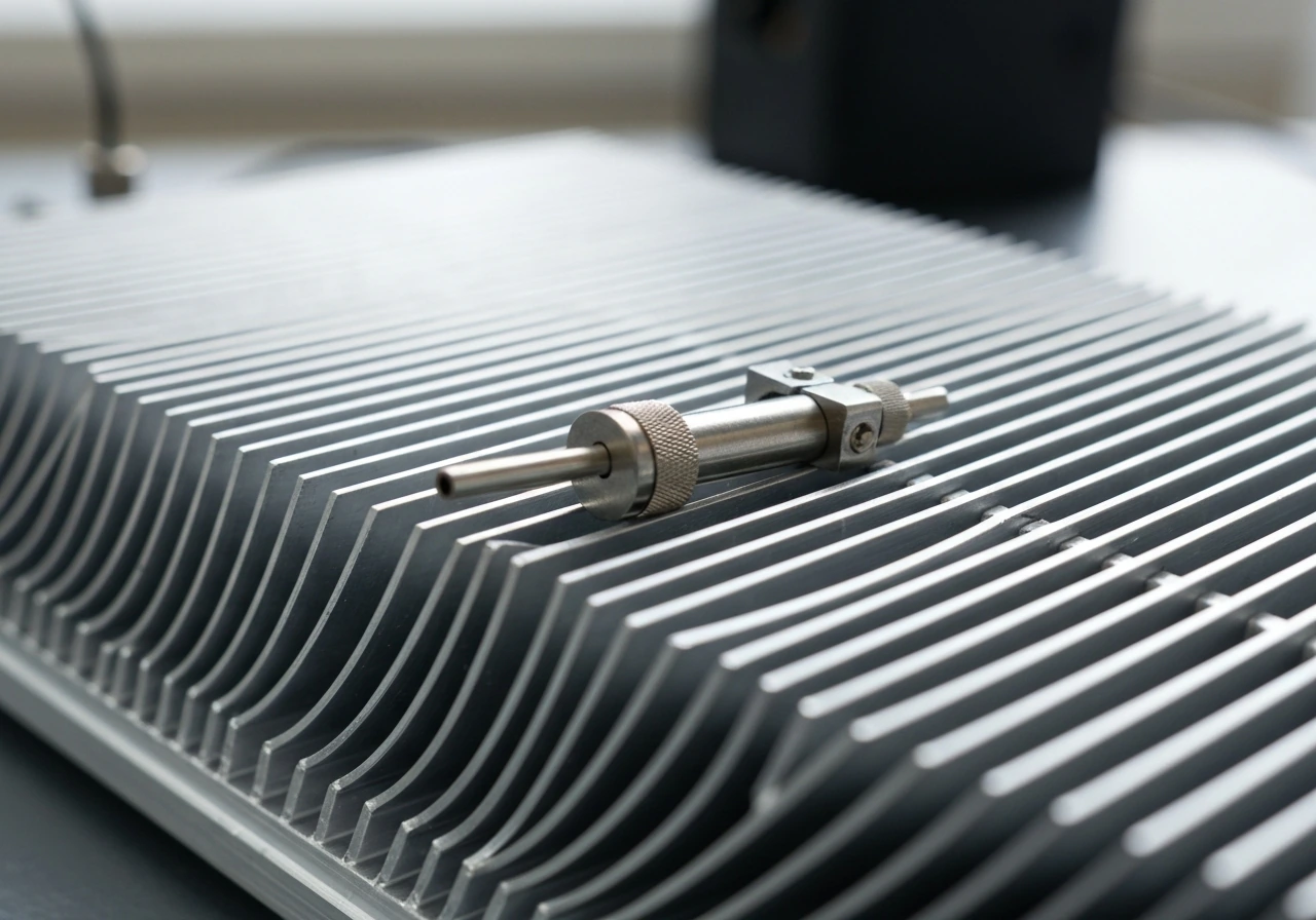 Close-up of aluminum heat sink fins on an LED fixture with a temperature probe touching the surface.