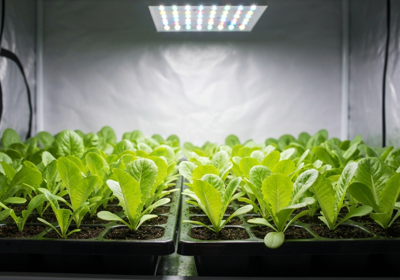 Green seedlings in a simple grow tray under LED lights at canopy level