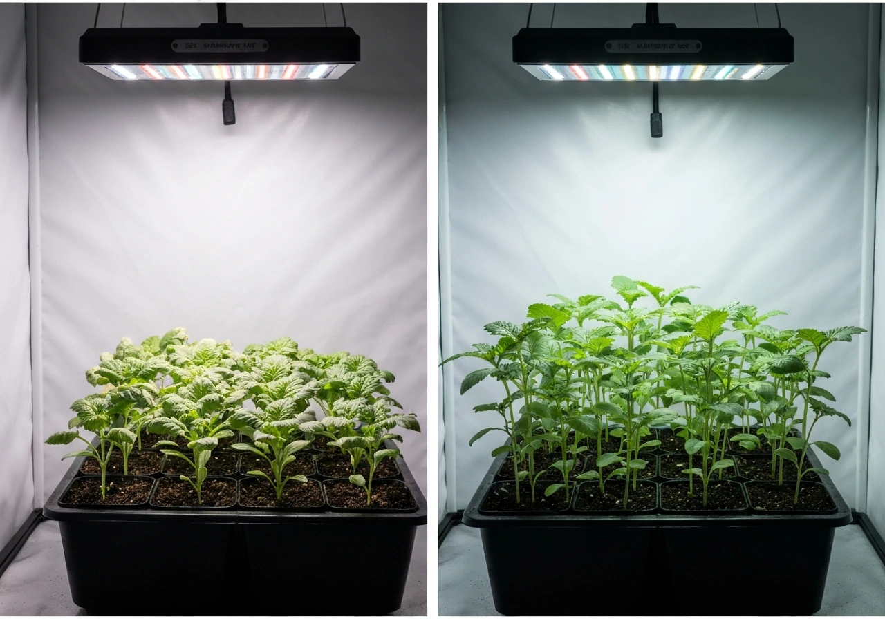 Split-screen indoor seedlings: left light too close with stressed leaves; right proper distance with healthy growth.