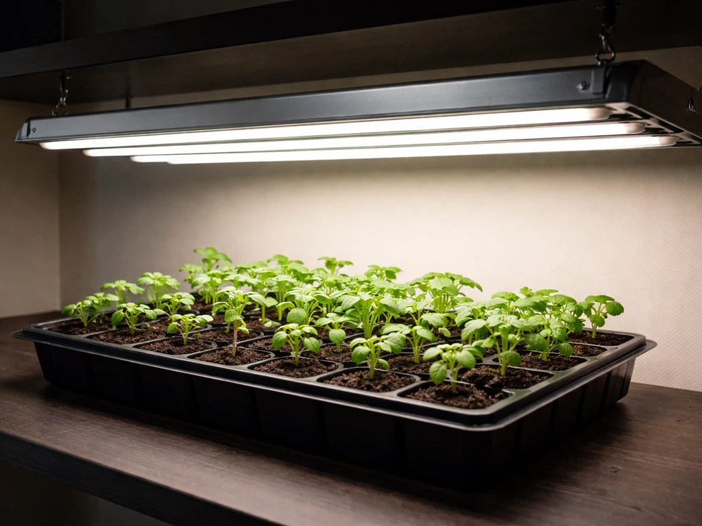 Agrobrite-style T5 grow light fixtures mounted above a small indoor seedling, showing light coverage