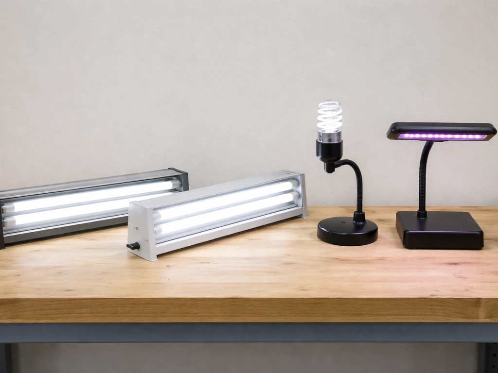 Four anonymous grow lights—two T5 fixtures plus a CFL lamp and a compact LED unit—side by side on a bench.