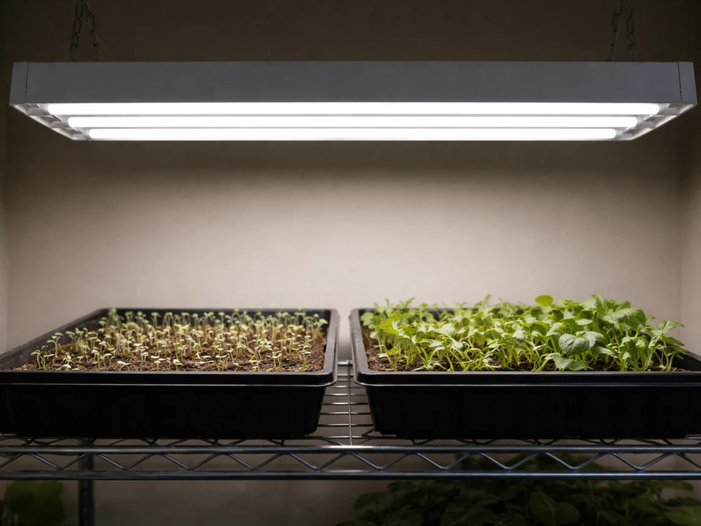 Small trays of seedlings under a hanging T5 fluorescent grow light with even, soft illumination.