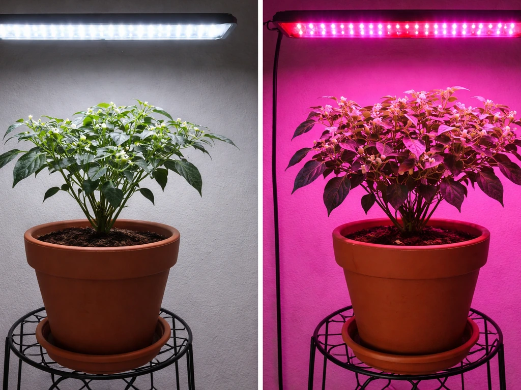 Split-screen: a plant under cool blue light shows fewer blooms, while red/blue light shows fuller flowering.