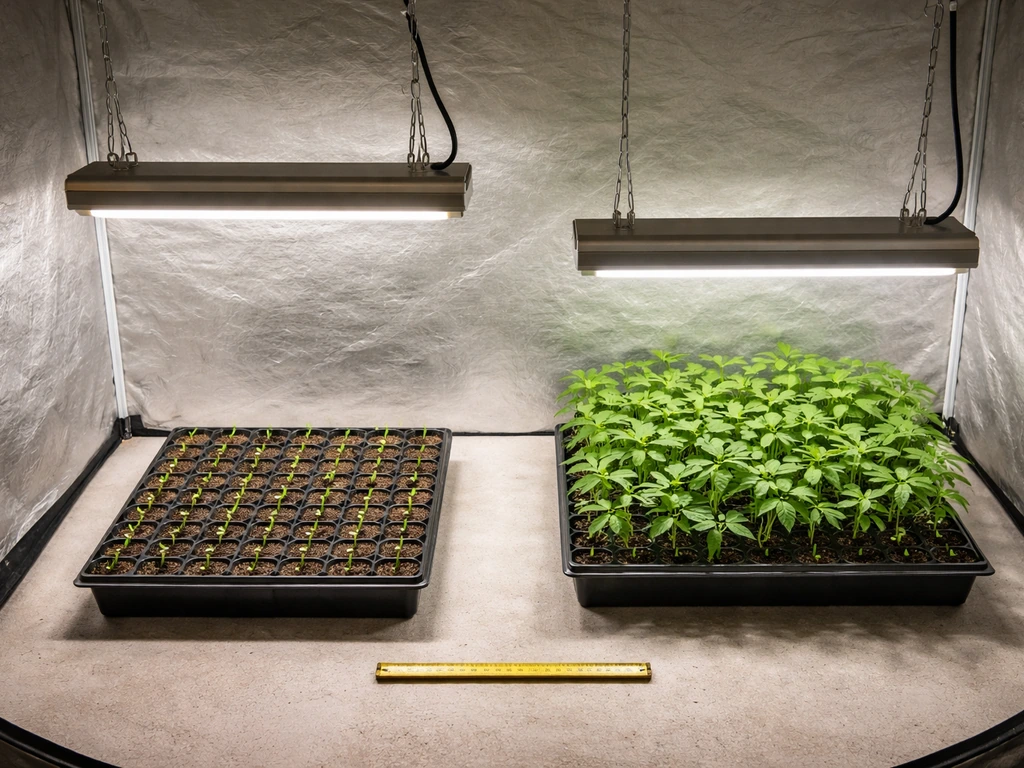 Overhead view of a small grow tent with T5-style light fixtures at two heights over seedlings and larger plants