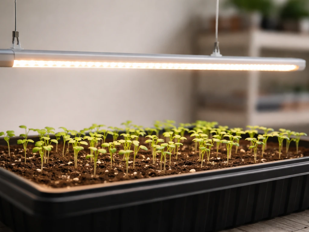 Close-up of a horizontal T5 LED grow light bar mounted above seedlings in an indoor tray.