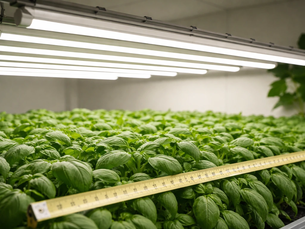 Barrina T5 8-pack lights mounted over plants, with a tape measure showing canopy mounting distance