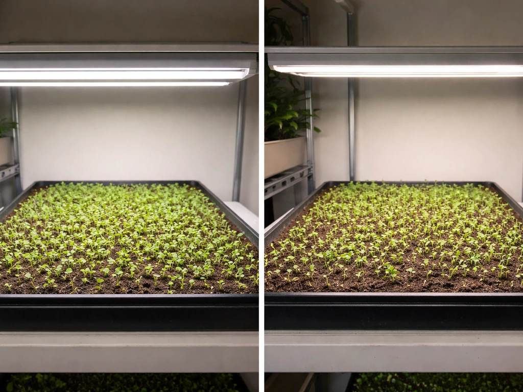 Side-by-side trays: even-lit seedlings under a low T5 versus uneven illumination on the other tray.