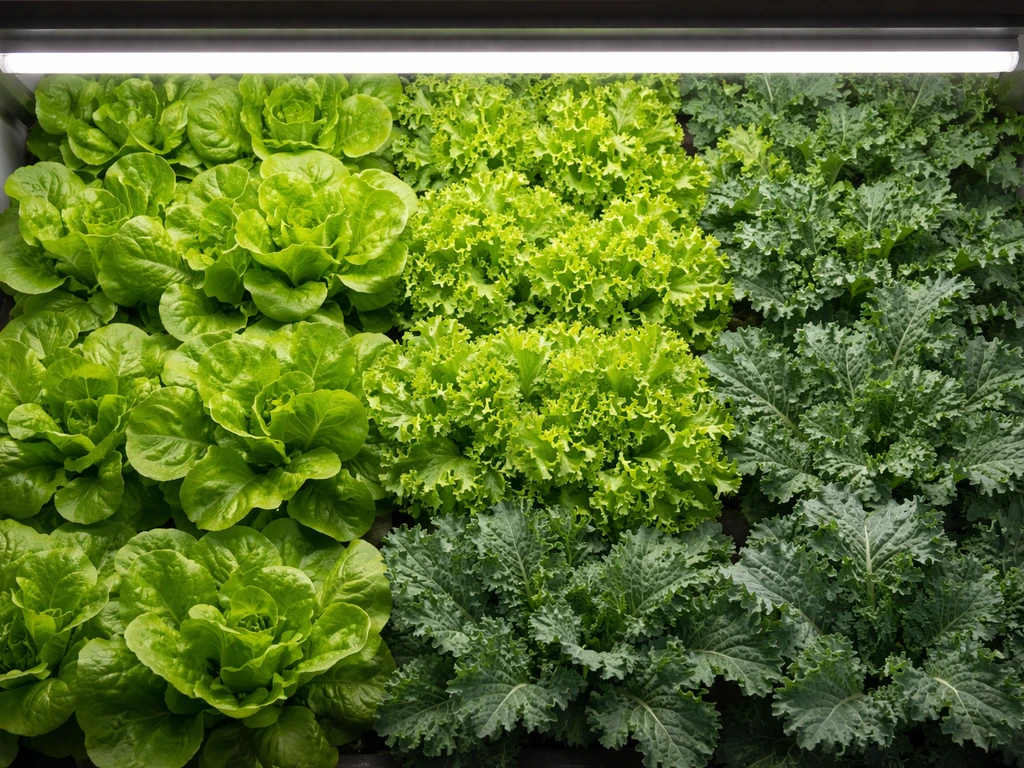 Top-down view of lush leafy greens with even light spread under a linear LED grow bar