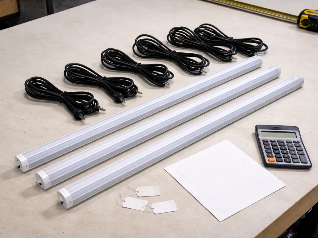 Barrina T5 LED bars laid out beside a calculator on a workbench, comparing value per watt.
