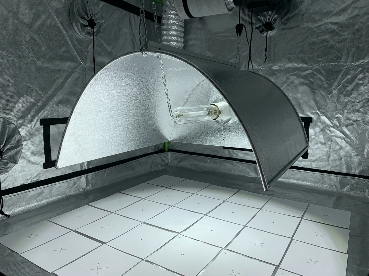 Parabolic reflector with bulb near focal point and canopy grid beneath.
