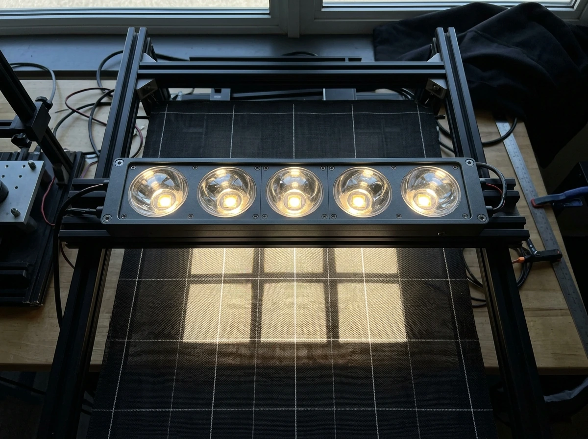 LED fixture optics and secondary lenses casting light onto a canopy grid.