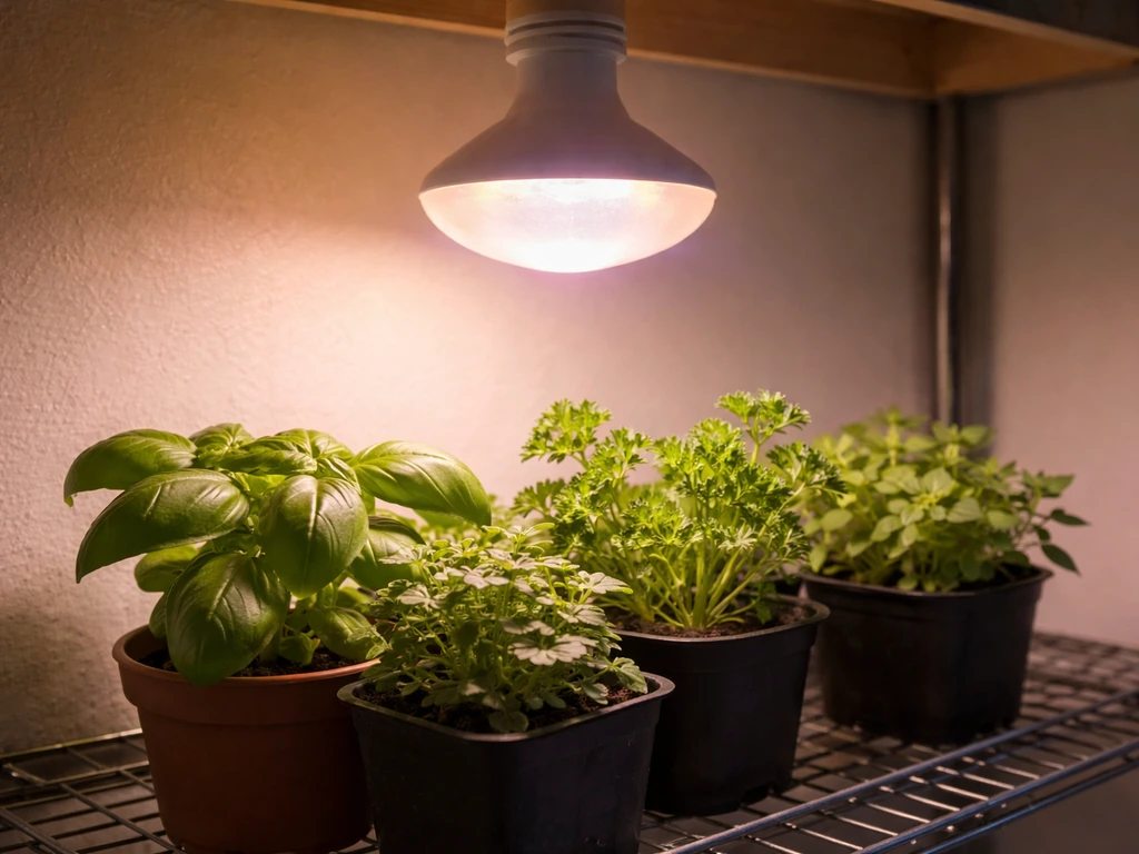 Lit GE BR30 grow light illuminating a few herb seedlings on a simple grow bench.