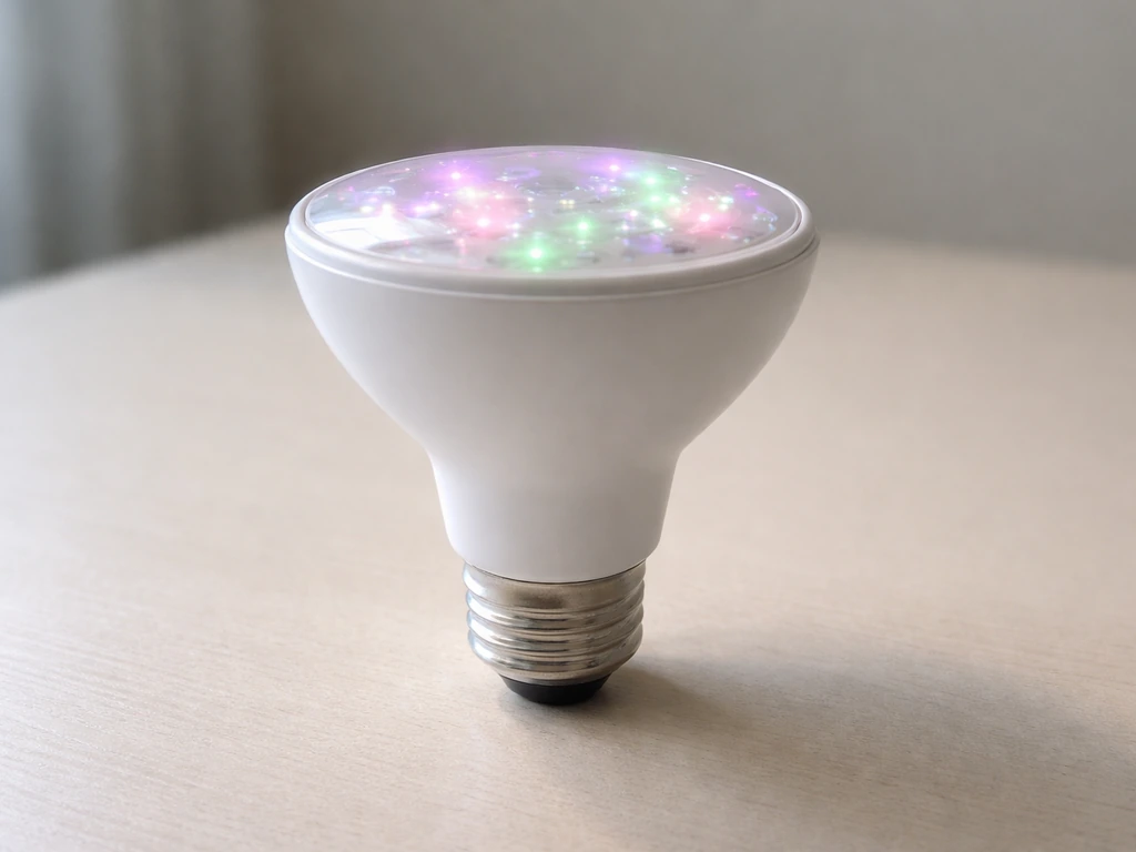 Close-up of a BR30 grow light bulb with visible E26 base on a plain tabletop.