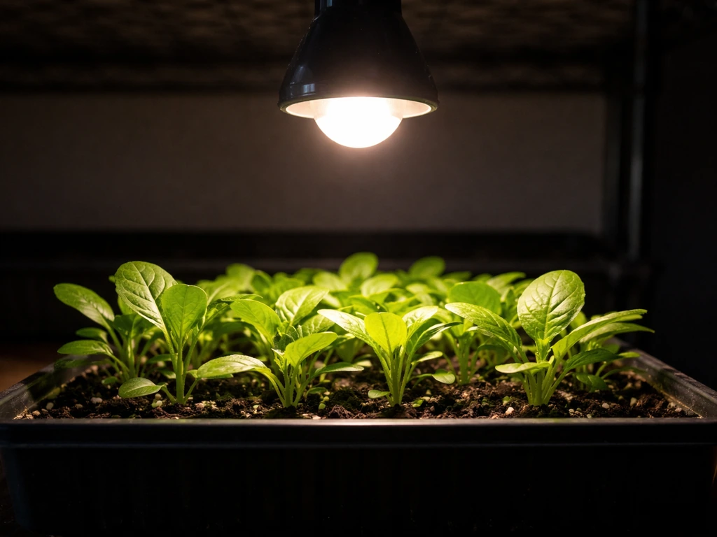 Plant seedlings under a grow bulb, showing bright green leafy growth in a simple grow setup.