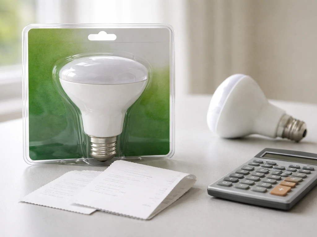 Close-up of a BR30 LED bulb package on a clean desk with a calculator and receipts nearby.