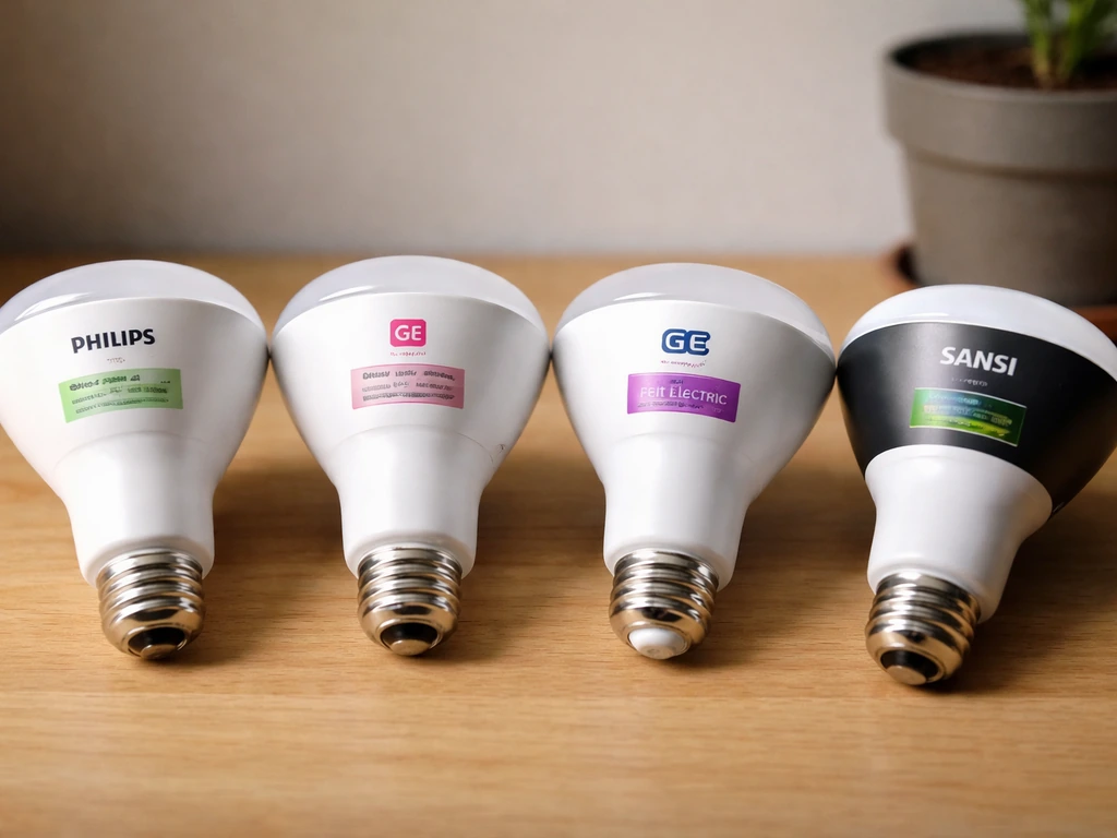 GE BR30 grow bulb next to similar BR30 grow bulbs on a wooden table, minimal comparison scene.