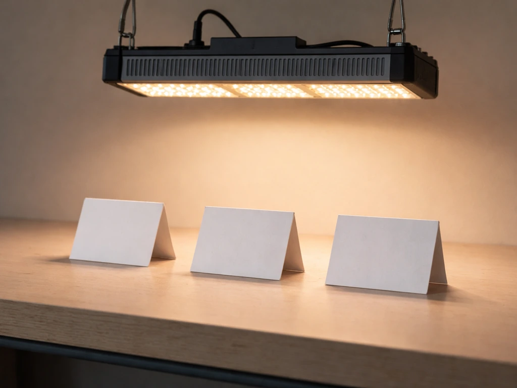 Warm-white LED grow light on a simple bench with blank spec cards nearby, suggesting key performance features.
