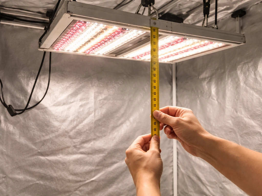 Hands measure mounting height near a grow light, showing a shift from 40 cm to 65 cm.
