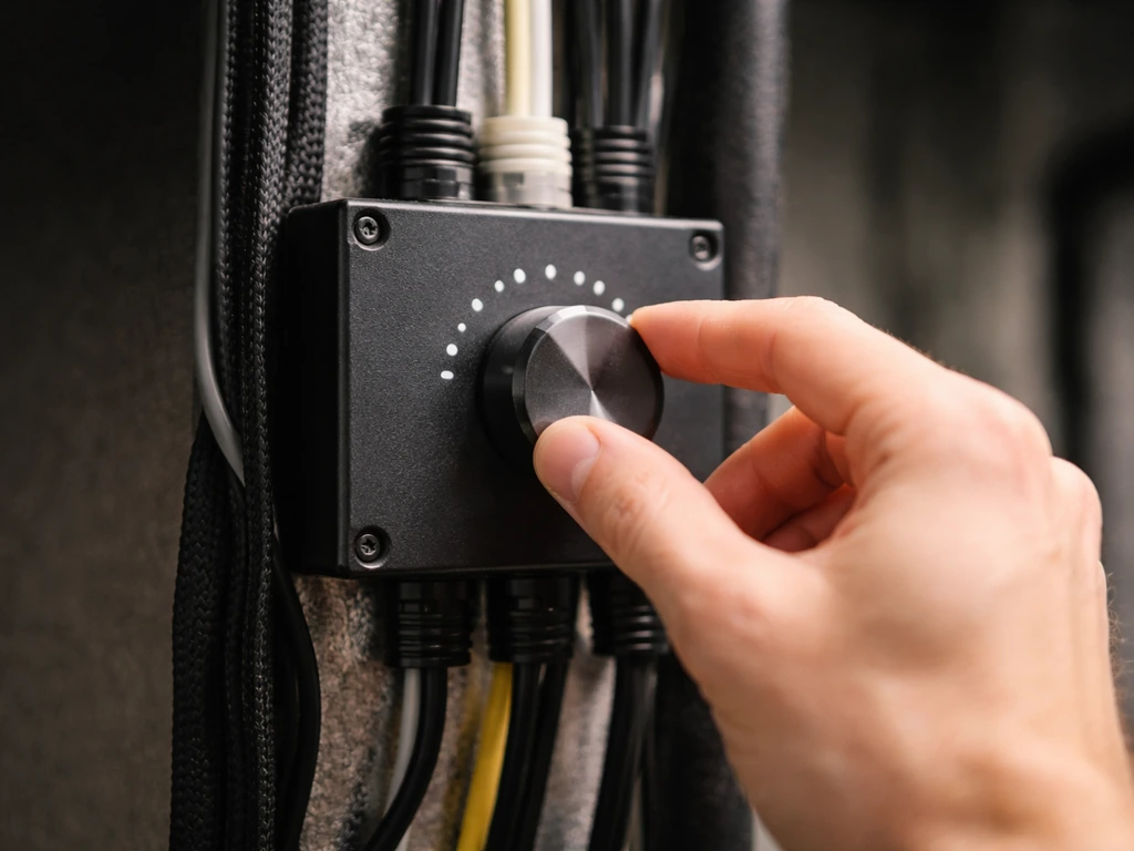 Close-up of a step dimmer switch and cabling with a hand adjusting a knob to reduce power.