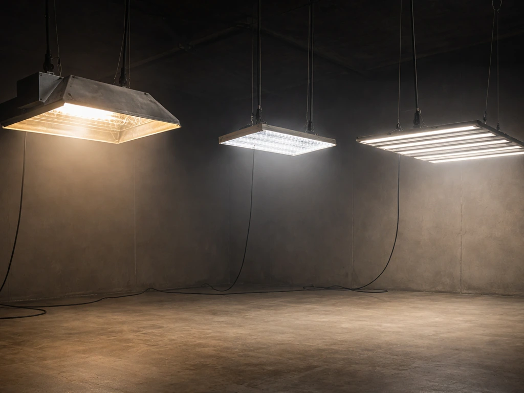 Dark grow room with one grow light and two alternative fixtures side-by-side for comparison.