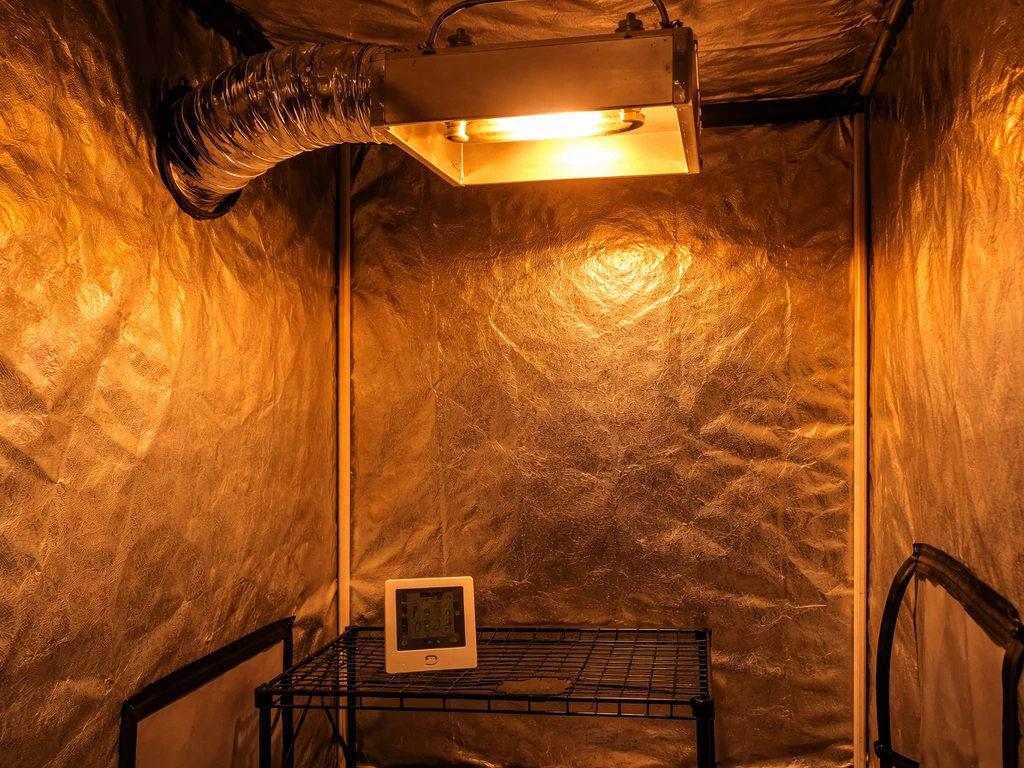 HPS grow light in an indoor tent with visible ducting and an anonymous temperature gauge