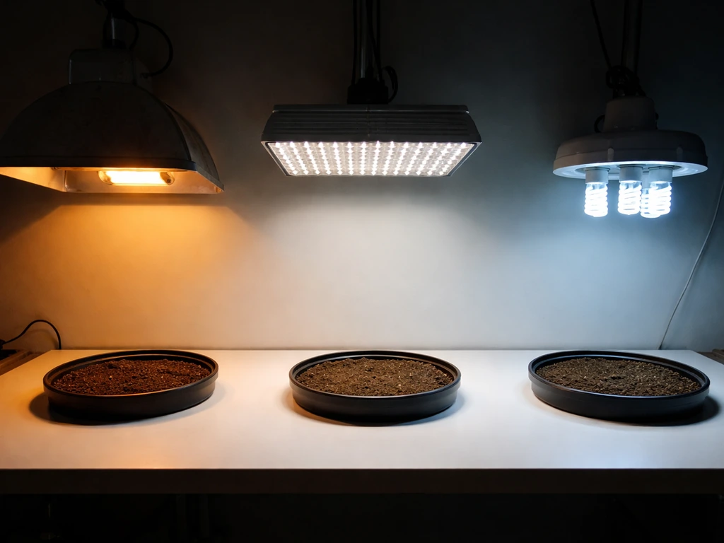 Three grow-light fixtures (HPS, full-spectrum LED, CFL) shining onto three separate small test trays on a bench.