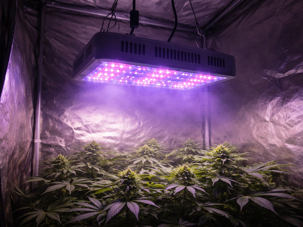 Burple LED grow light hanging in an indoor grow tent over a healthy plant canopy.