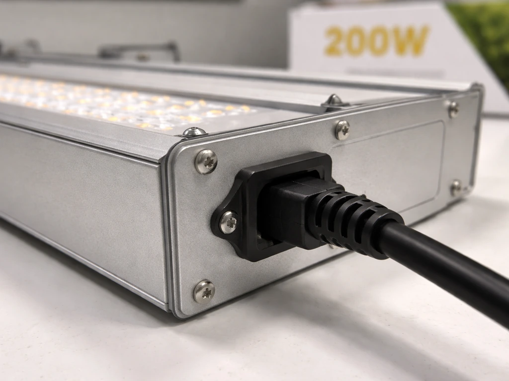 Close-up of an LED grow light’s label area and power input connection with a visible wattage reference on packaging