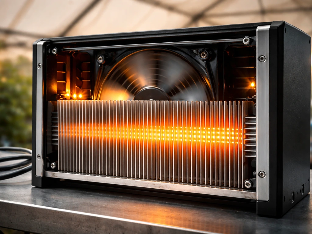 Close-up of finned aluminum heat sink and operating cooling fan with visible airflow.