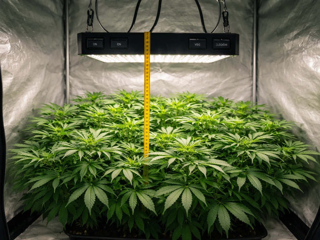 Indoor grow tent showing a vegetative plant canopy under a suspended LED light with both switches on