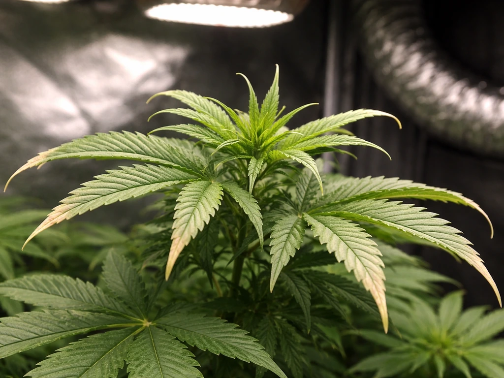 Close-up of cannabis leaves showing light heat stress: slight leaf curl and pale bleached tips under grow tent light.