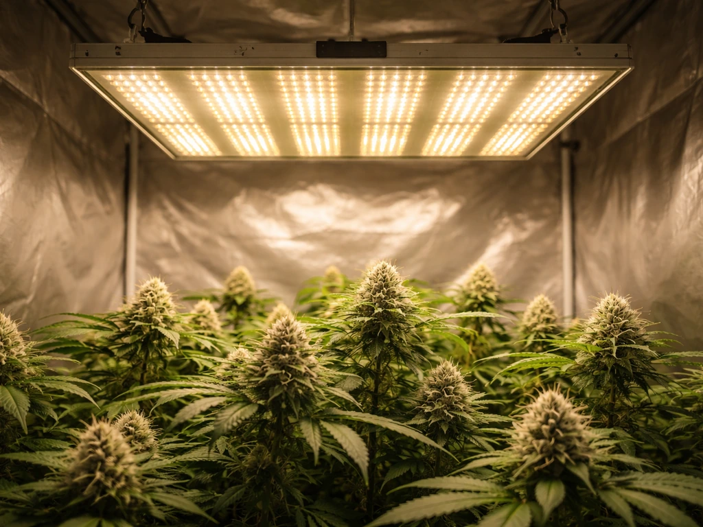 Premium Sylstar-style grow light panel over a thriving flowering canopy inside a grow tent.