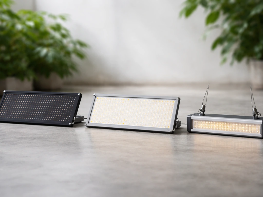 Three grow light types side-by-side on a minimal concrete floor in soft natural light.
