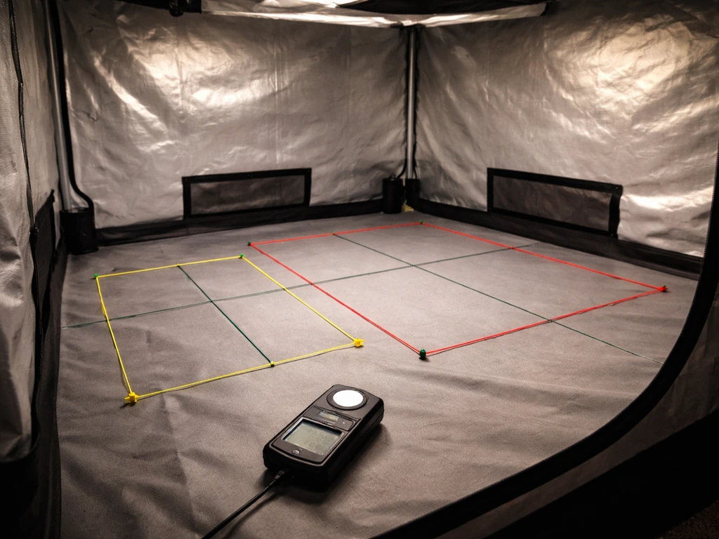 Indoor grow tent floor with string canopy grid squares and a PPFD light meter for measuring coverage.